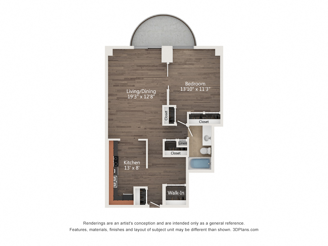 Floor plan for 1 bed, 1 bath, 740 sqft